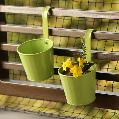 'Tiny Grass Greens' Metal Hand-Painted Railing Cum Table Planters Pot (Set Of 2)