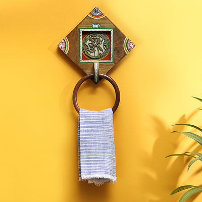 'Brass-y On Wood' Warli Hand-Painted Dhokra Towel Holder In Sheesham Wood