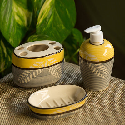 'Imprinted Leaves' Hand-Painted Ceramic Bathroom Accessory (Set Of 3)