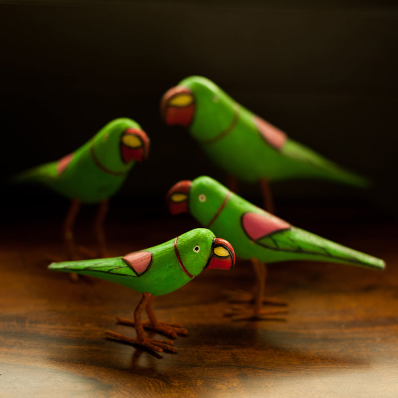 Handmade And Hand Painted Parrot Family Showpiece In Wood