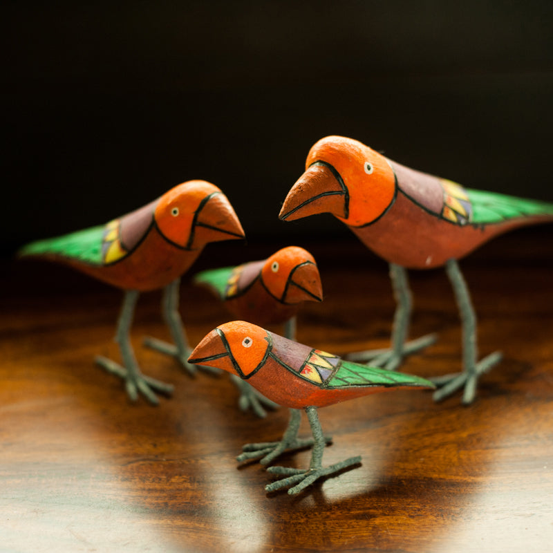 Handmade And Hand Painted Bird Family Showpiece In Wood