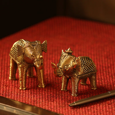 'Golden Elephants' Handmade Brass Figurine In Dhokra Art (Set Of 2)