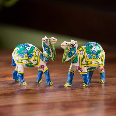 'The Imperial Camels' Hand Carved & Hand Painted Blue Pottery Showpiece In Eucalyptus Wood