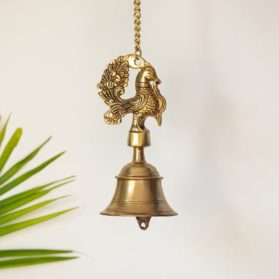 'Elegant Peacock' Hand-Etched Decorative Hanging Bell In Brass (1139 Grams)