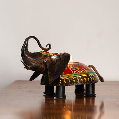 'Elephant Glories' Hand-Painted Table Tea Light Holder In Iron (5 Inch)