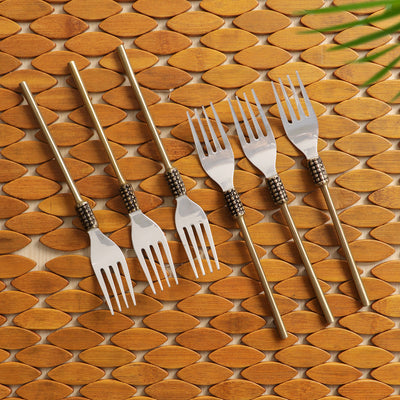 'Fascinating Enigma' Hand-Crafted Table Forks In Stainless Steel & Brass (Set of 6)