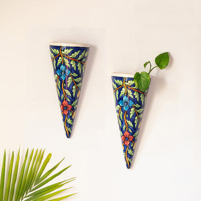 'Floral Cones ' Hand-painted Wall Planter Pots In Ceramic (Set of 2)