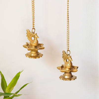 Flying Swans' Hand-Etched Decorative Hanging Diya Set In Brass (7 Wicks | 341 Grams)