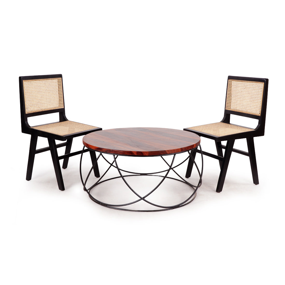 Haywire Cane' Handcrafted Coffee Table & Chairs Set In Mango & Sheesha