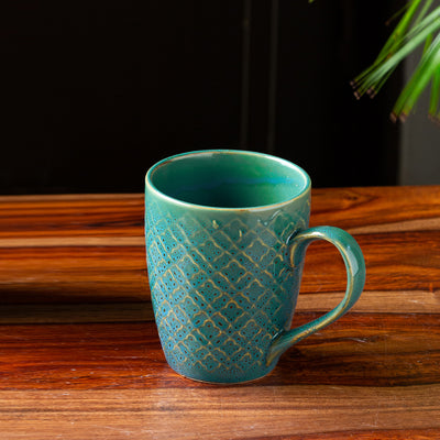 Moroccan Turqouise' Hand Glazed & Embossed Coffee Mug In Ceramic (300 ML | Microwave Safe)