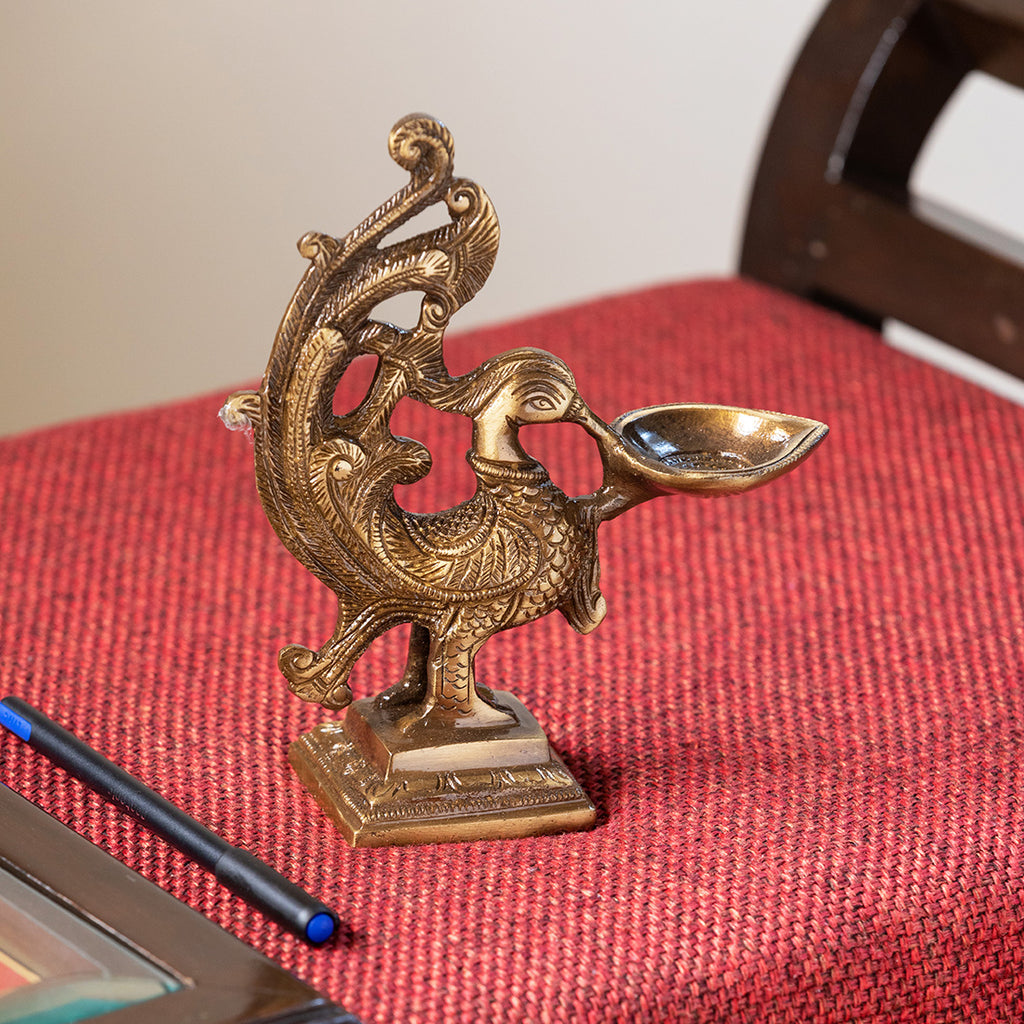 Princely Peacock' Hand-Etched Carved Diya In Brass (830 Grams