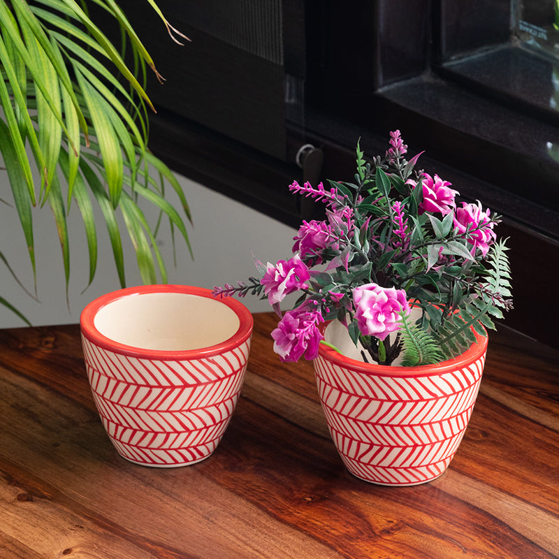 red ceramic plant pots Red Chevrons ' Handmade & Hand-painted Table Planters In Ceramic (Set – ExclusiveLane