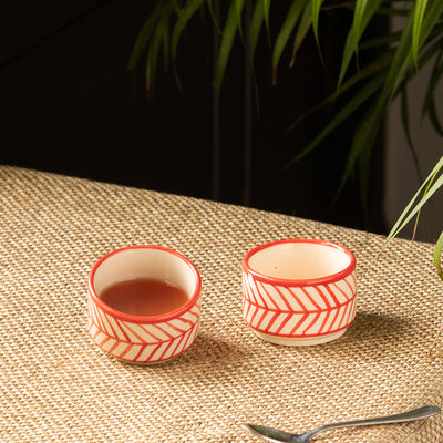Red Chevrons' Hand-Painted Ceramic Dinner Bowls/Katoris (Set of 2 | 60 ML | Microwave Safe)