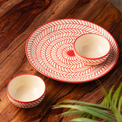 Red Chevrons' Hand-Painted Ceramic Dinner Plate With Dinner Katoris (3 Pieces | Serving for 1 | Microwave Safe)