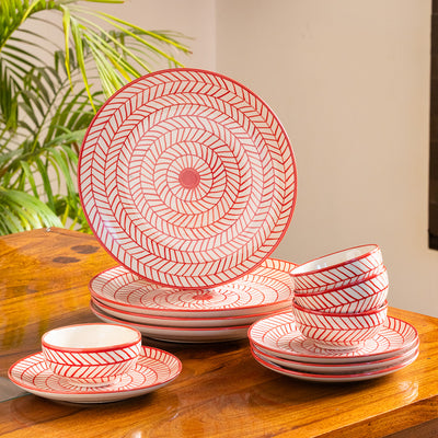Red Chevrons' Hand-Painted Ceramic Dinner Plates | Side/Quarter Plates & Dinner Katoris (12 Pieces | Serving for 4 | Microwave Safe)