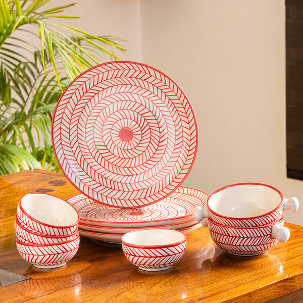 Red Chevrons Hand Painted Ceramic Dinner Plates With Serving Bowls ExclusiveLane