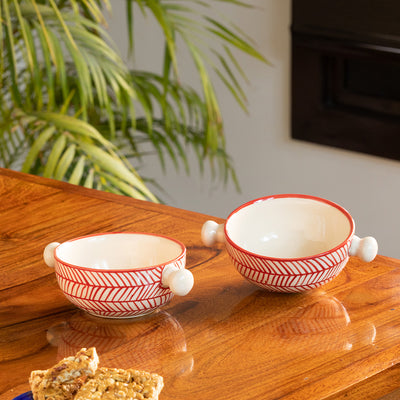 Red Chevrons' Hand-Painted Ceramic Serving Bowls (Set of 2 | 350 ML | Microwave Safe)