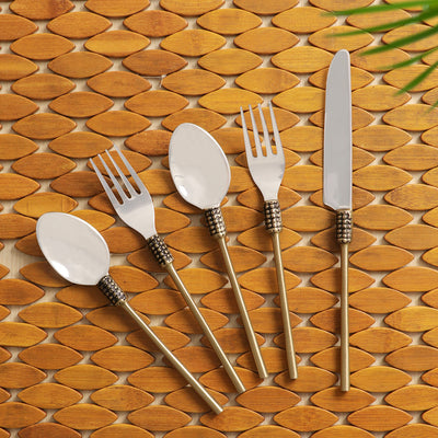 'Riveting Enigma' Hand-Crafted Table Cutlery Set In Stainless Steel & Brass (Set of 5)