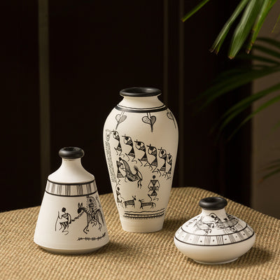 Warli White Matkis' Hand-Painted Vases Combo In Terracotta (Set of 3)